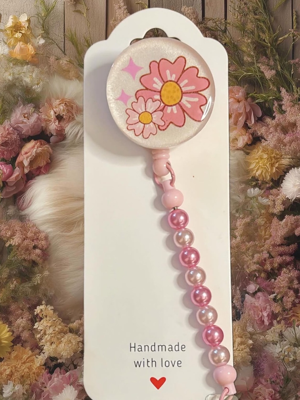 Pink Floral Badge Reel with Pearl Bead Lanyard